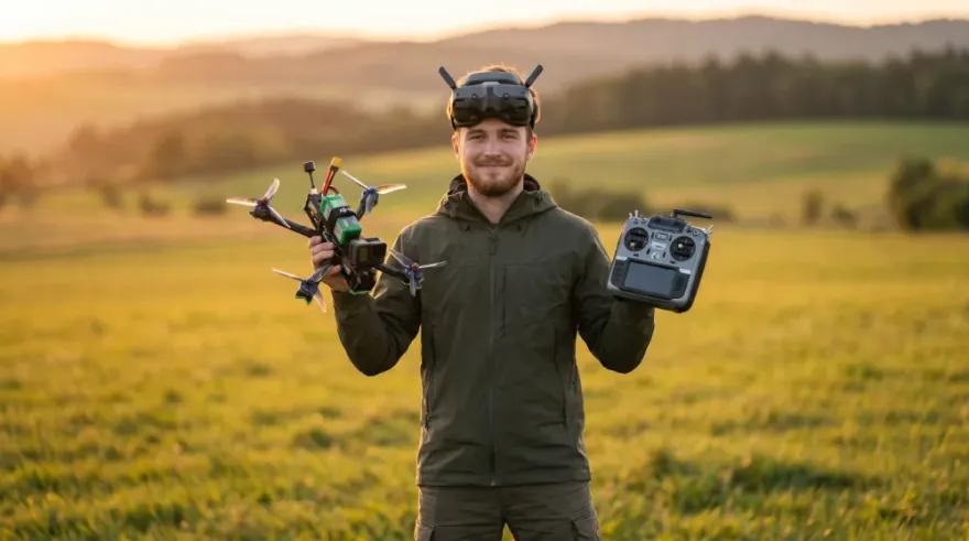 Piloto de FPV em campo ao pôr do sol segurando o quadcopter e o rádio controle