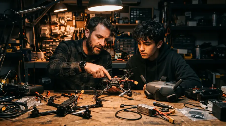 Instrutor corrigindo o aluno na montagem de um drone FPV na bancada