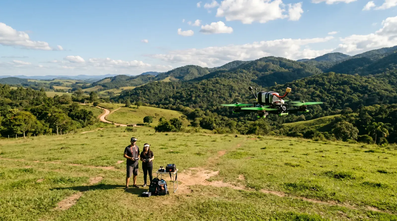 Casal pilotando FPV num campo verde com montanhas ao fundo, em Campinas-SP