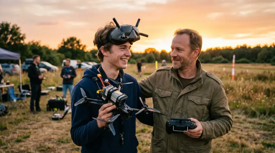 Instrutor comemorando a evolução do aluno com drone na mão