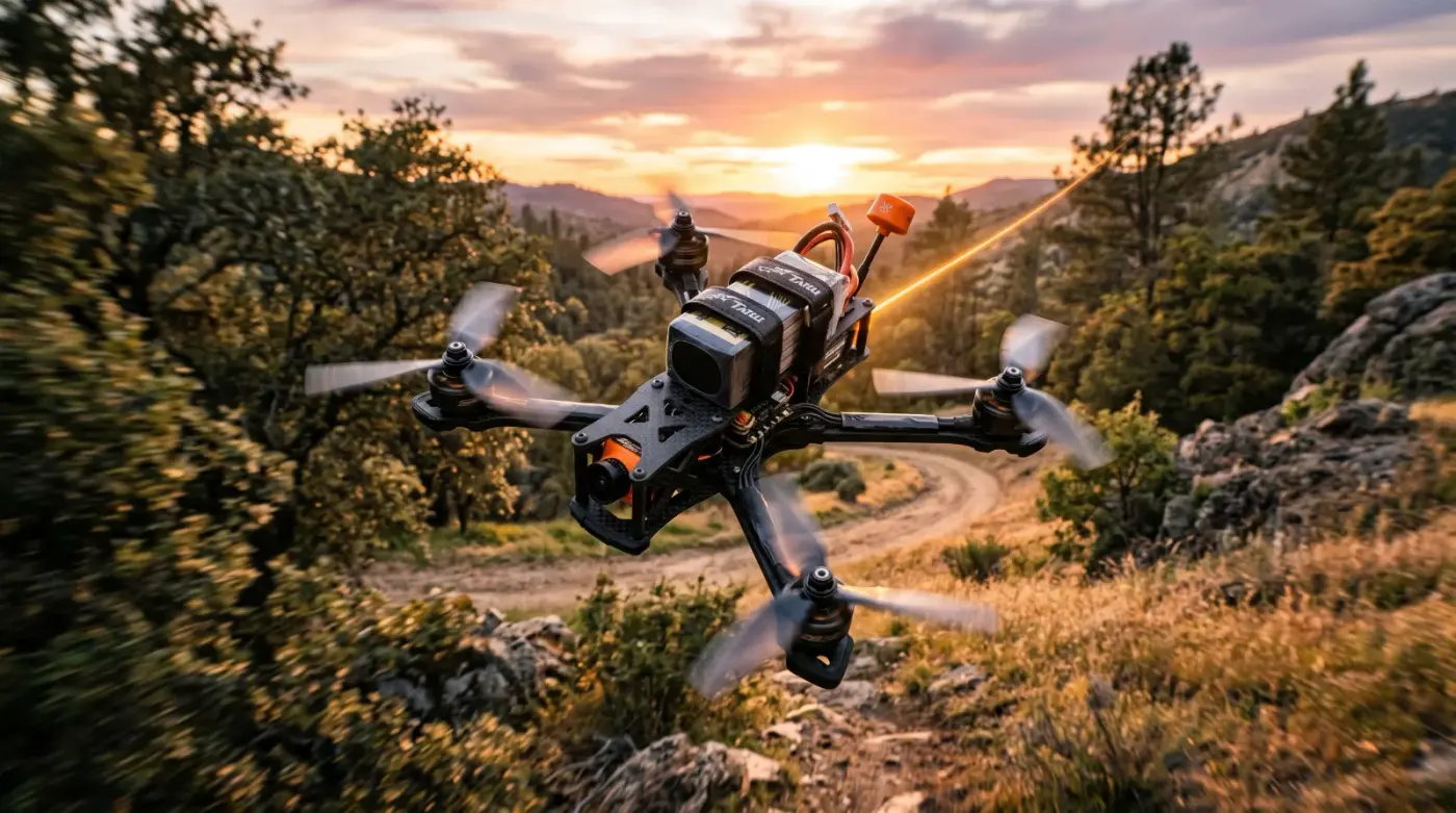 Drone FPV de corrida voando em alta velocidade por uma trilha ao pôr do sol