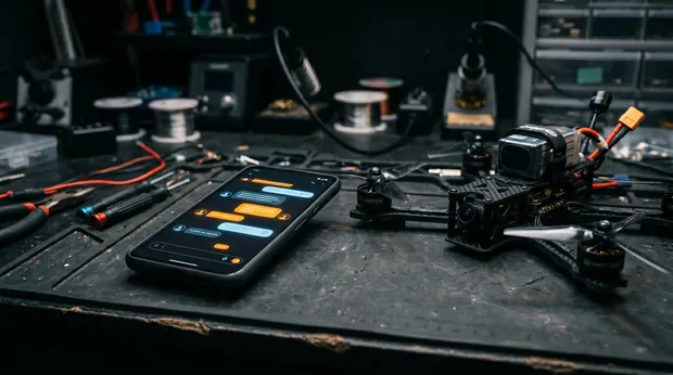 Conversa com o FPV GPT, a IA especialista em drones de FPV, em um celular sobre a bancada
