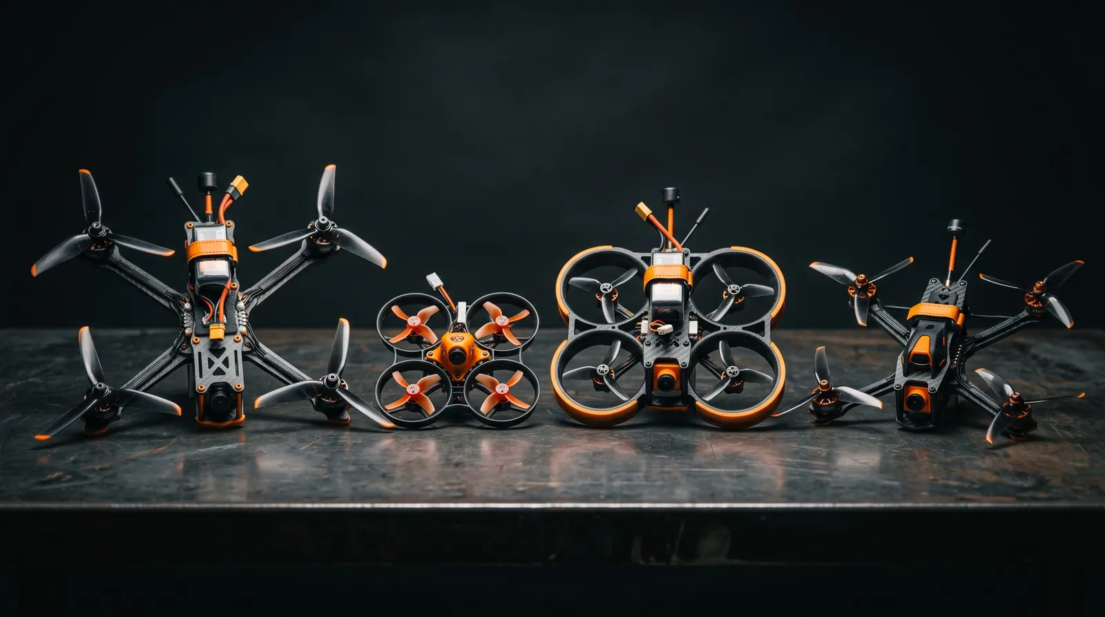 6 drones FPV alinhados