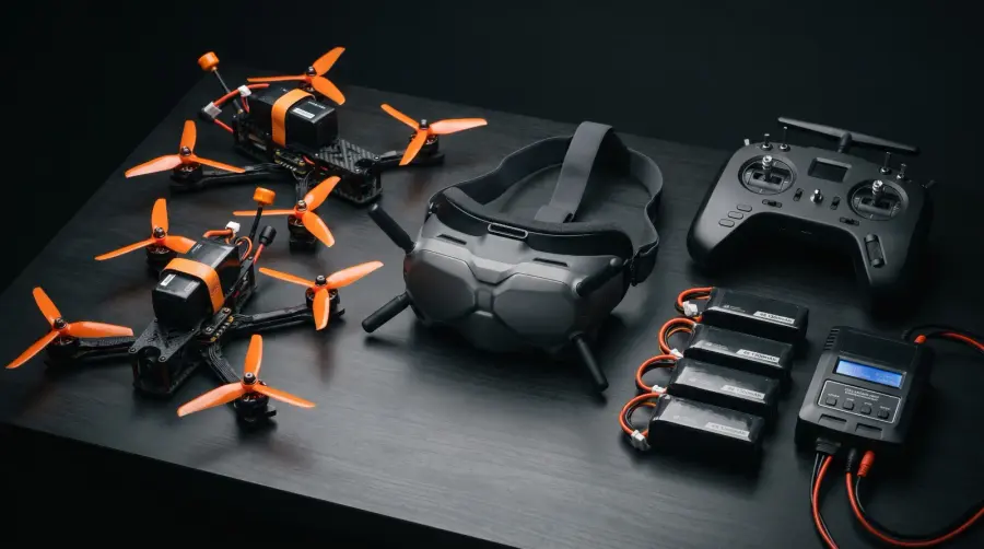 Kit completo de FPV: drones, óculos, rádio, baterias e carregador sobre mesa escura