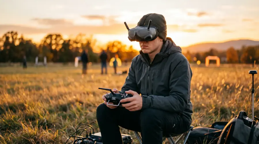 Piloto com óculos FPV voando em imersão no campo ao pôr do sol